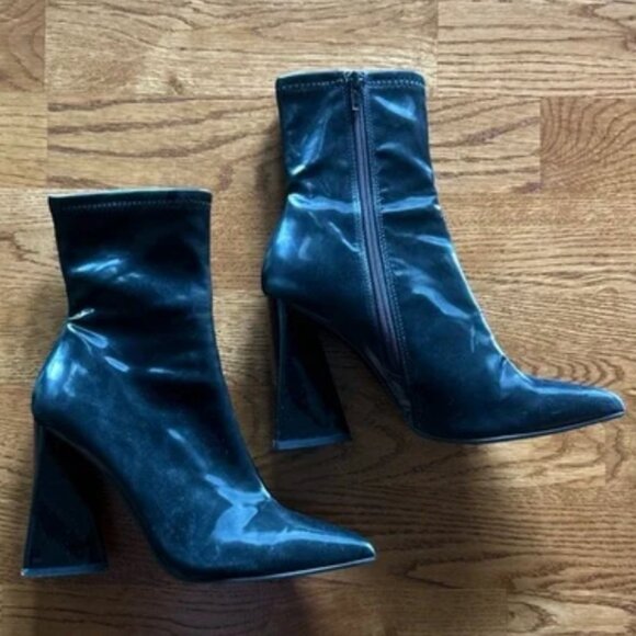 steve madden ticker heeled block boots zip black synthetic pointy toe ankle - Picture 1 of 5